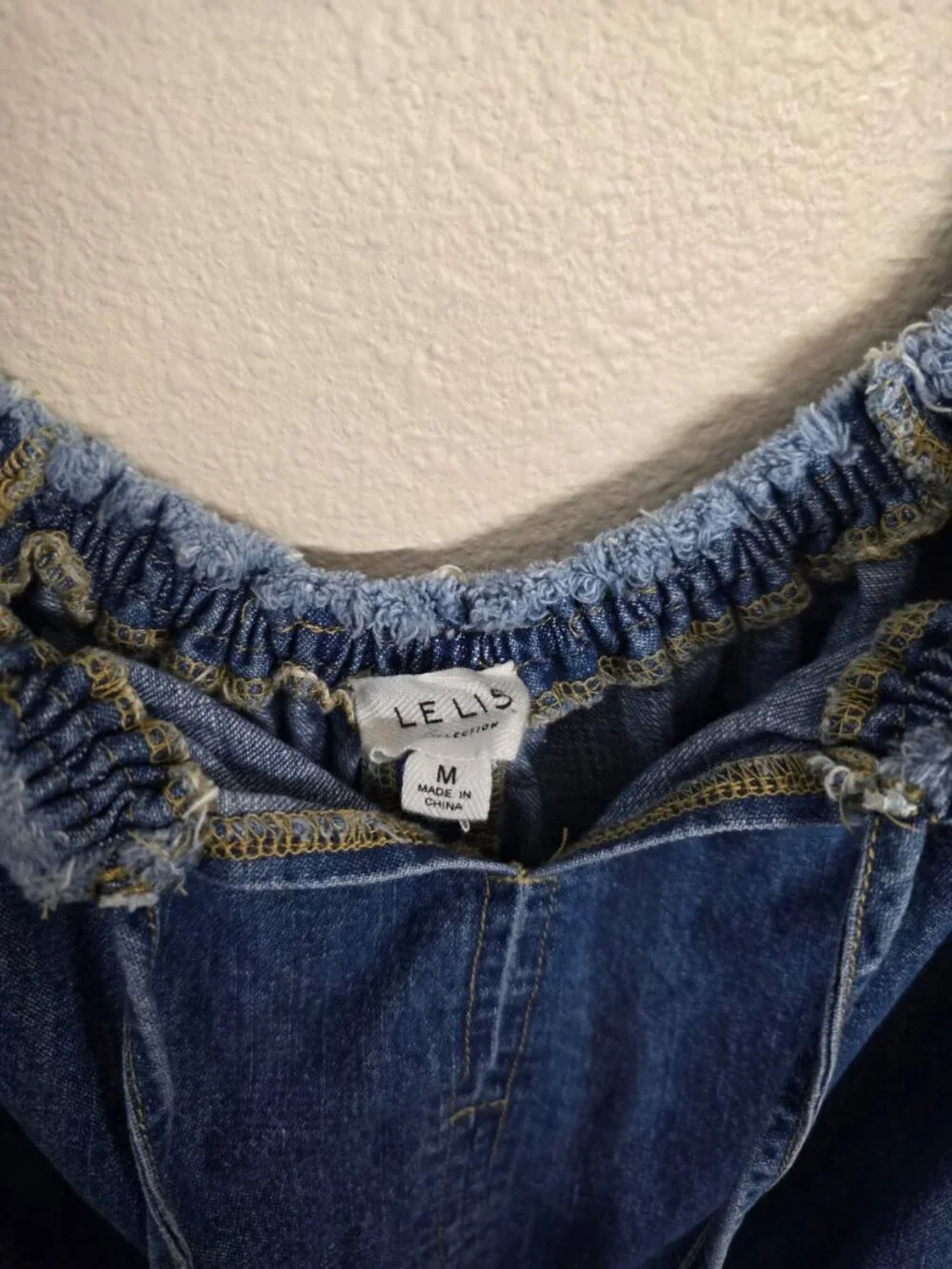 LE LIS Denim Romper Medium Blue Elastic Ruffled Straps